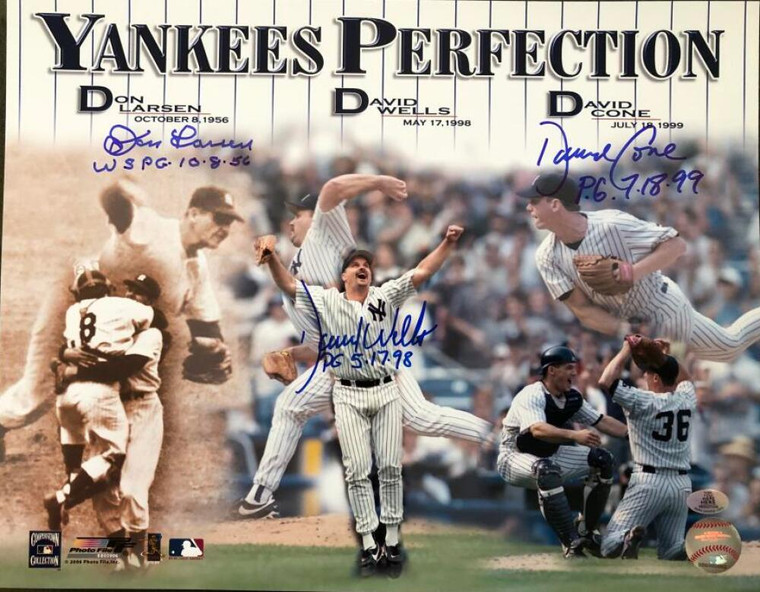 SOLD 104736 Yankees Perfection Autographed 11 x 14 Photo Don Larsen, David Wells, David Cone