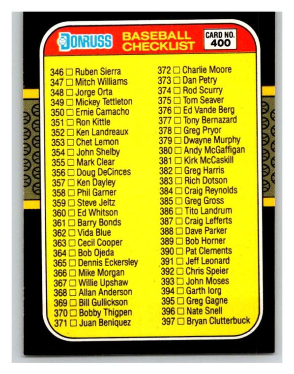 1987 Donruss #400 Checklist 346-451 VG 