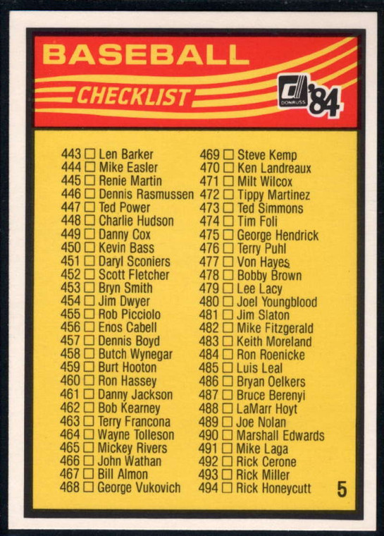 1984 Donruss #NNO5 Checklist 443-546 VG 