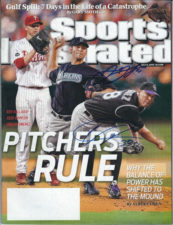 SOLD 3706 Josh Johnson and Ubaldo Jimenez Autographed 7-5-2010 Sports Illustrated No Label 