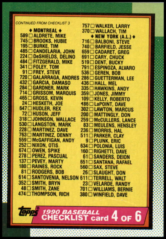 1990 Topps #526 Checklist VG N/A 