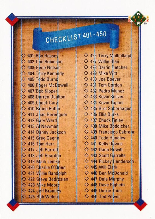 1991 Upper Deck #500 Checklist 401-500 VG Checklist 