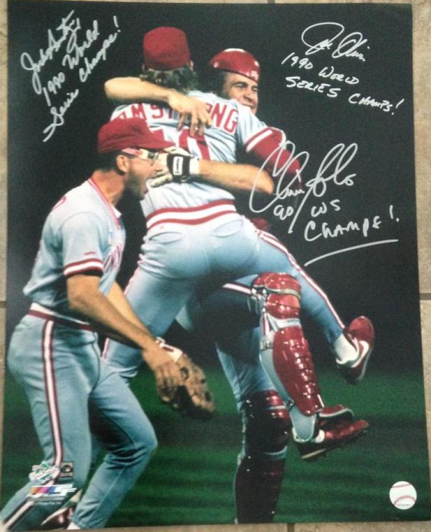Chris Sabo, Joe Oliver & Jack Armstrong Autographed Reds 1990 World Series 16 x 20  Photo 