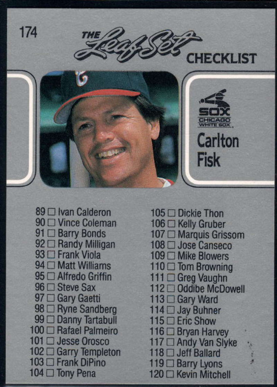 1990 Leaf #174 Carlton Fisk Checklist 89-176 VG Chicago White Sox 