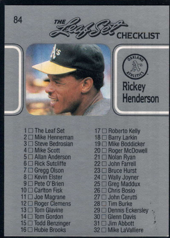 1990 Leaf #84 Rickey Henderson CL VG Oakland Athletics 