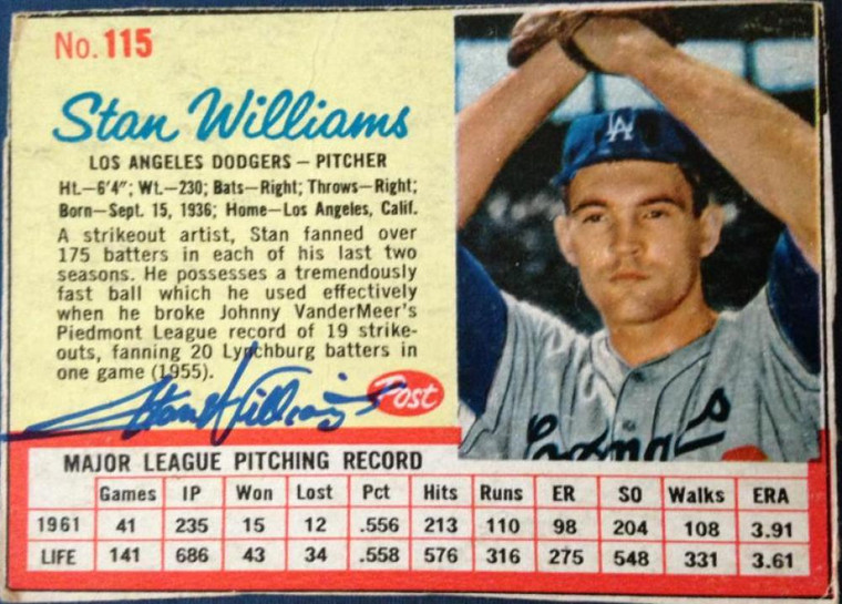 Stan Williams Autographed 1962 Post #115