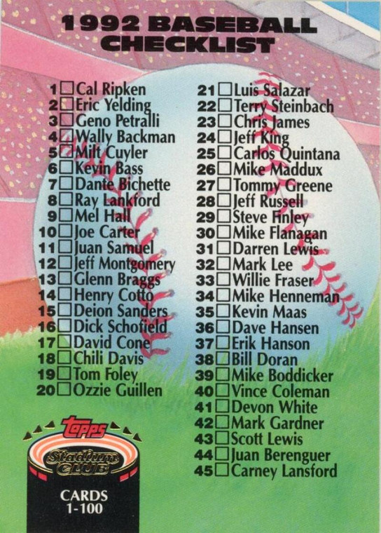 1992 Stadium Club #298 Checklist 1-100 VG Checklist 