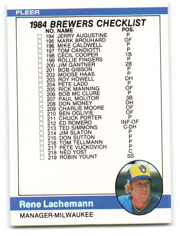 1984 Fleer #655 Checklist: Brewers/Indians Rene Lachemann VG Milwaukee Brewers/Cleveland Indians 