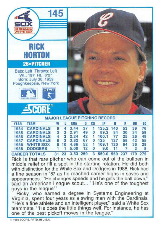 1989 Score #145 Ricky Horton VG Chicago White Sox 