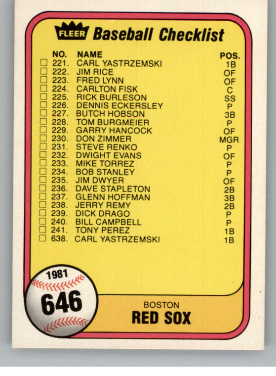 1981 Fleer #646 Checklist: Red Sox/Braves VG Boston Red Sox/Atlanta Braves 