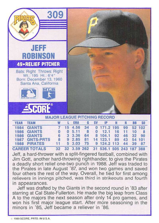 1989 Score #309 Jeff Robinson VG Pittsburgh Pirates 