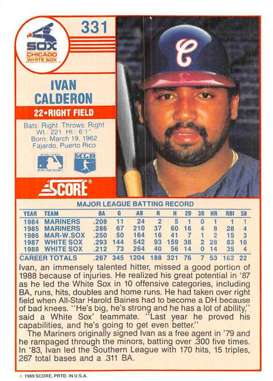 1989 Score #331 Ivan Calderon VG Chicago White Sox 