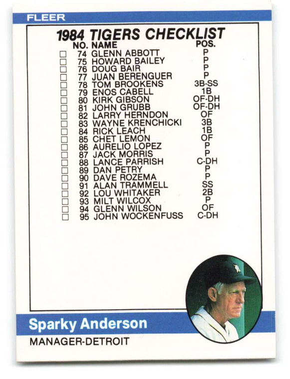 1984 Fleer #650 Checklist: Tigers/Rangers Sparky Anderson VG Detroit Tigers/Texas Rangers 