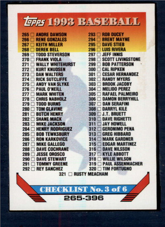 1993 Topps #396 Checklist 265-396 VG Checklist 