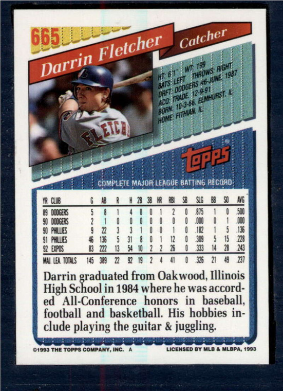 1993 Topps #665 Darrin Fletcher VG Montreal Expos 