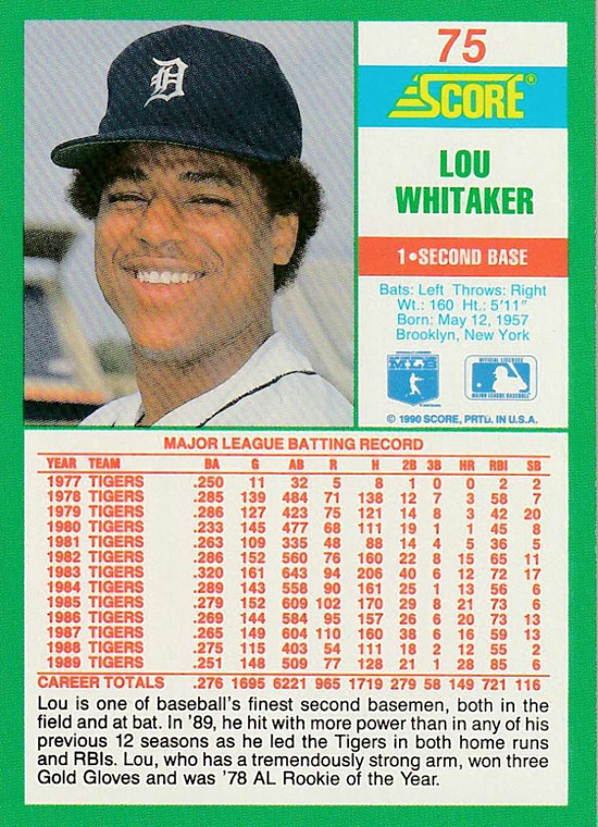 1990 Score #75 Lou Whitaker VG Detroit Tigers 