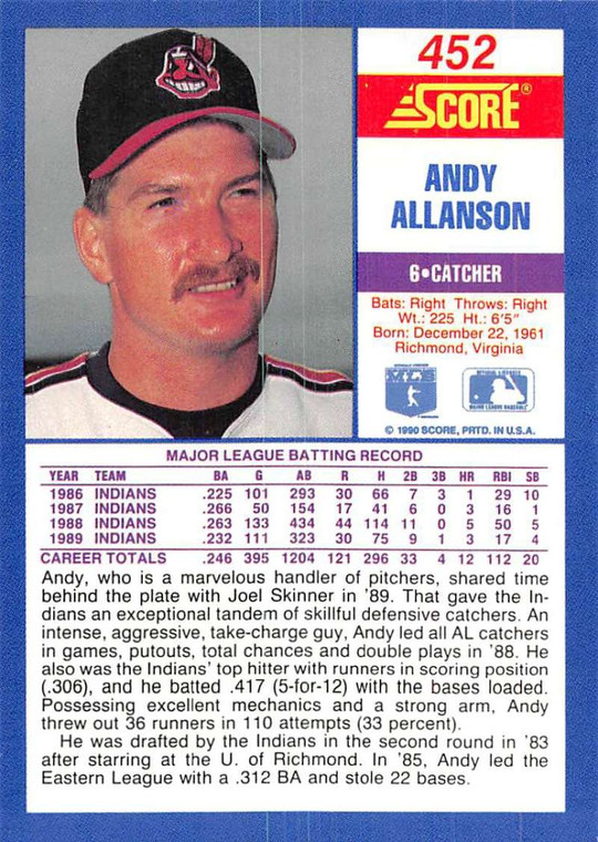 1990 Score #452 Andy Allanson VG Cleveland Indians 