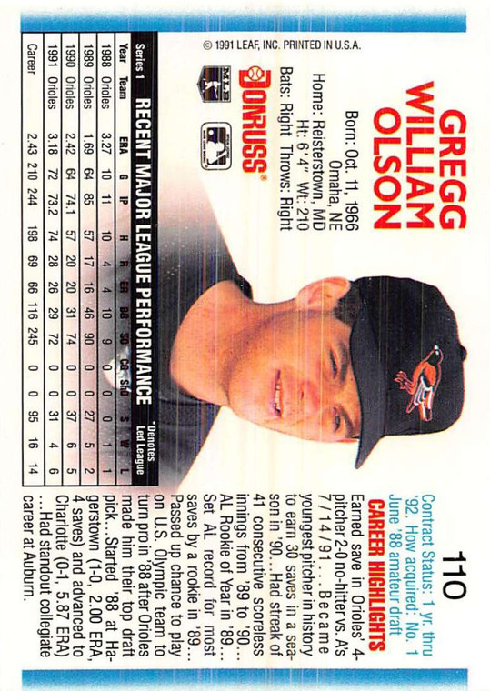 1992 Donruss #110 Gregg Olson VG Baltimore Orioles 