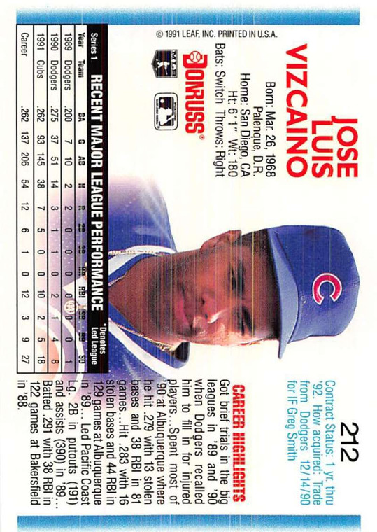 1992 Donruss #212 Jose Vizcaino VG Chicago Cubs 