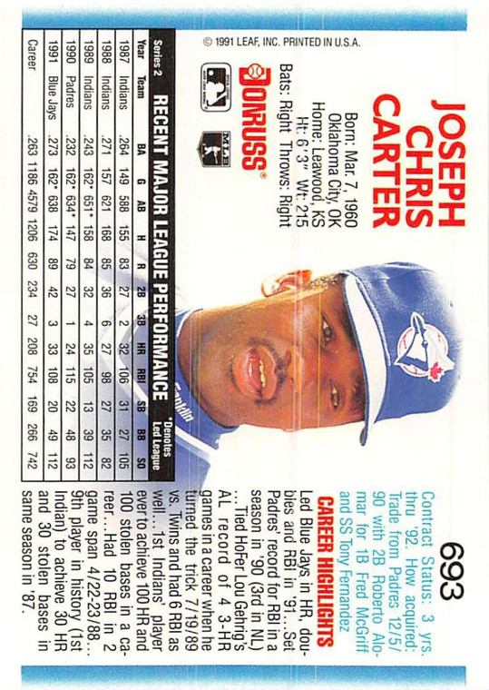 1992 Donruss #693 Joe Carter VG Toronto Blue Jays 