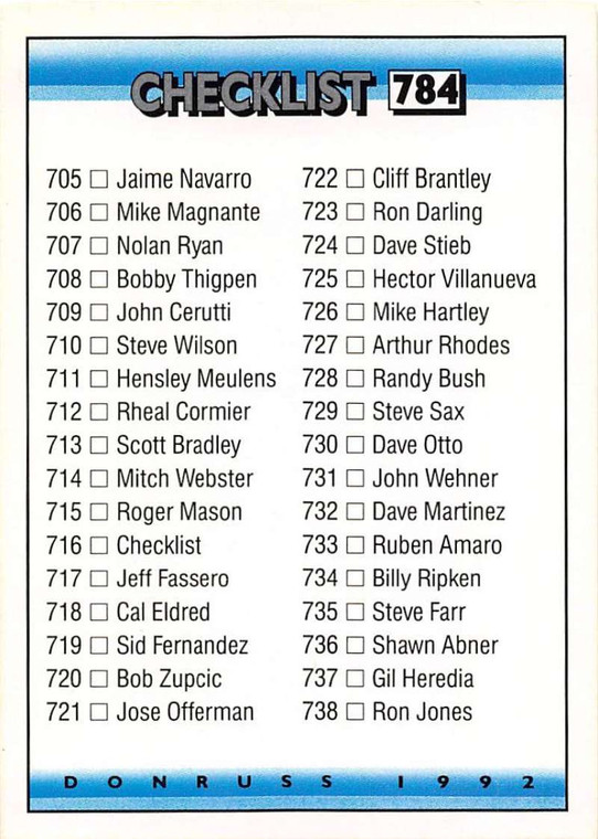 1992 Donruss #784 Checklist 705-784 VG Checklist 