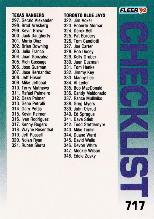 1992 Fleer #717 Checklist 297-397 VG Texas Rangers/Toronto Blue Jays/Atlanta Braves/Chicago Cubs 