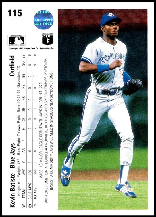 1990 Upper Deck #115 Kevin Batiste VG RC Rookie Toronto Blue Jays 