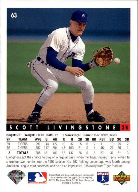 1993 Upper Deck #63 Scott Livingstone VG Detroit Tigers 