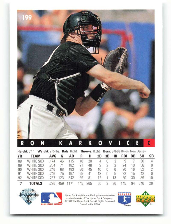 1993 Upper Deck #199 Ron Karkovice VG Chicago White Sox 