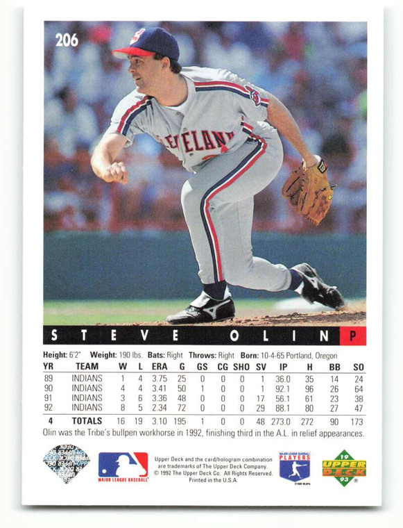 1993 Upper Deck #206 Steve Olin VG Cleveland Indians 