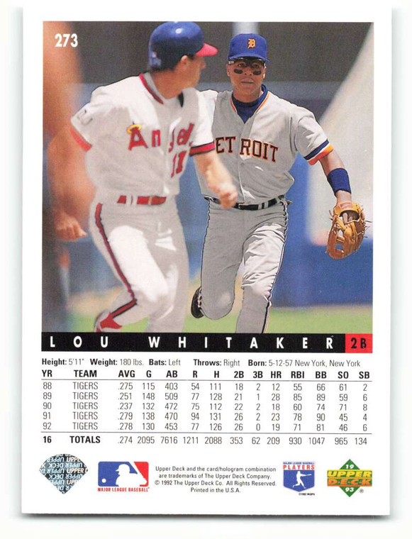 1993 Upper Deck #273 Lou Whitaker VG Detroit Tigers 