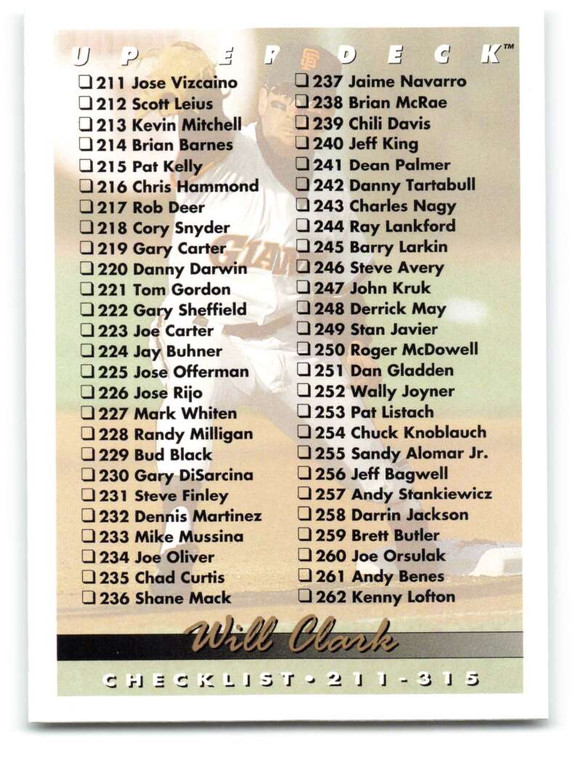 1993 Upper Deck #315 Will Clark Checklist 211-315 VG San Francisco Giants 