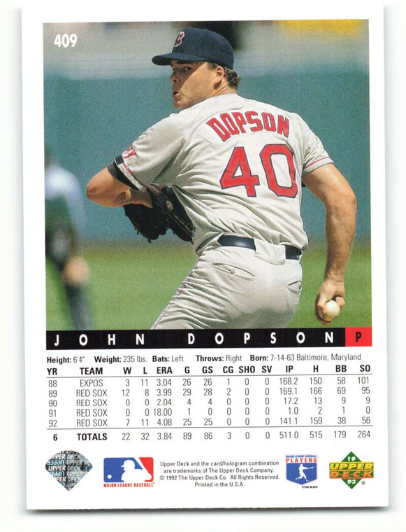 1993 Upper Deck #409 John Dopson VG Boston Red Sox 