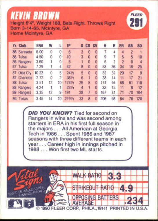 1990 Fleer #291 Kevin Brown VG Texas Rangers 