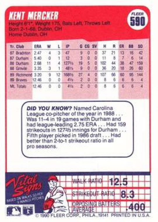 1990 Fleer #590 Kent Mercker VG RC Rookie Atlanta Braves 