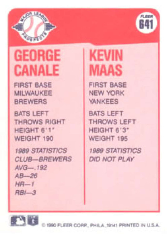 1990 Fleer #641 George Canale/Kevin Maas VG RC Rookie Milwaukee Brewers/New York Yankees 