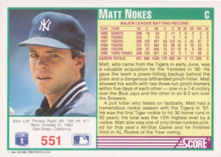 1991 Score #551 Matt Nokes VG New York Yankees 