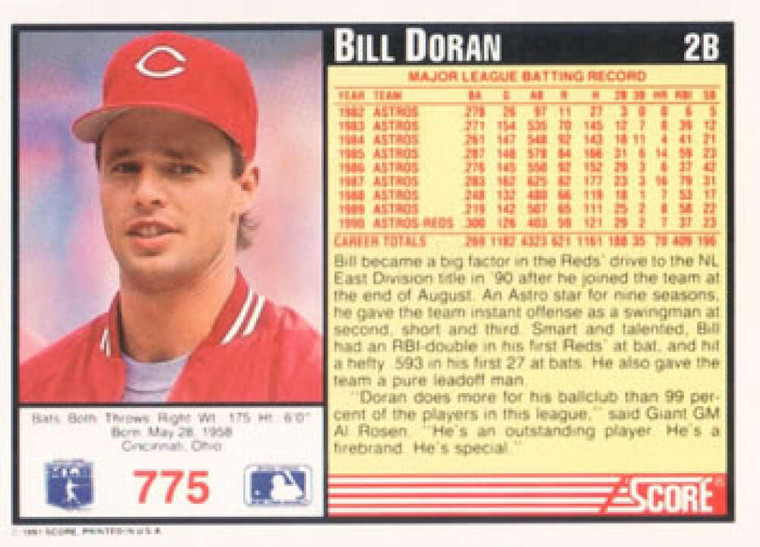 1991 Score #775 Bill Doran UER VG Cincinnati Reds 