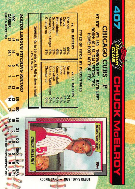 1991 Stadium Club #407 Chuck McElroy VG Chicago Cubs 