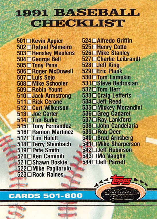 1991 Stadium Club #600 Checklist 501-600 VG Checklist 