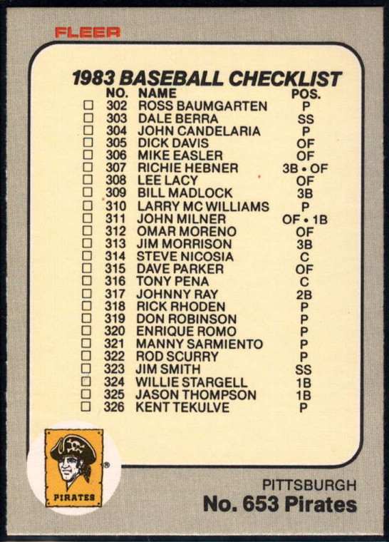 1983 Fleer #653 Checklist 302-351 VG 