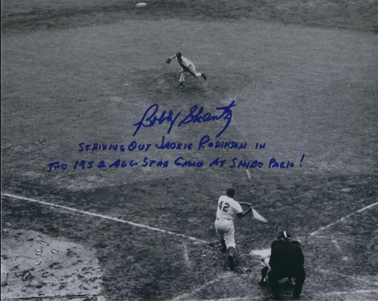 Bobby Shantz Autographed Striking Out Jackie Robinson Inscribed 8 x 10 Photo 