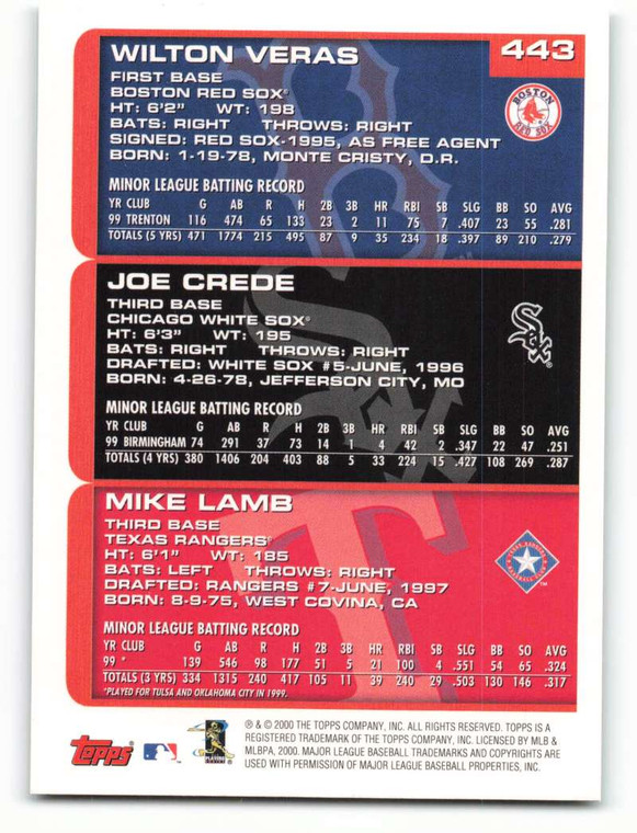 2000 Topps #443 Wilton Veras/Joe Crede/Mike Lamb VG RC Rookie Texas Rangers/Chicago White Sox/Boston Red Sox 