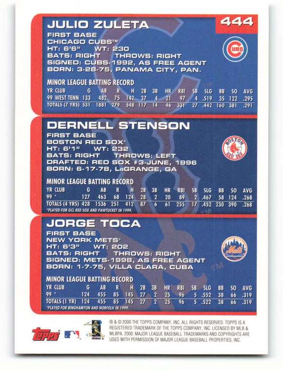 2000 Topps #444 Julio Zuleta/Dernell Stenson/Jorge Toca VG RC Rookie Chicago Cubs/Boston Red Sox/New York Mets 