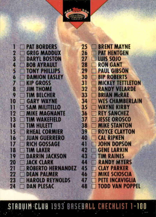 1993 Stadium Club #288 Checklist 1-100 VG Checklist 