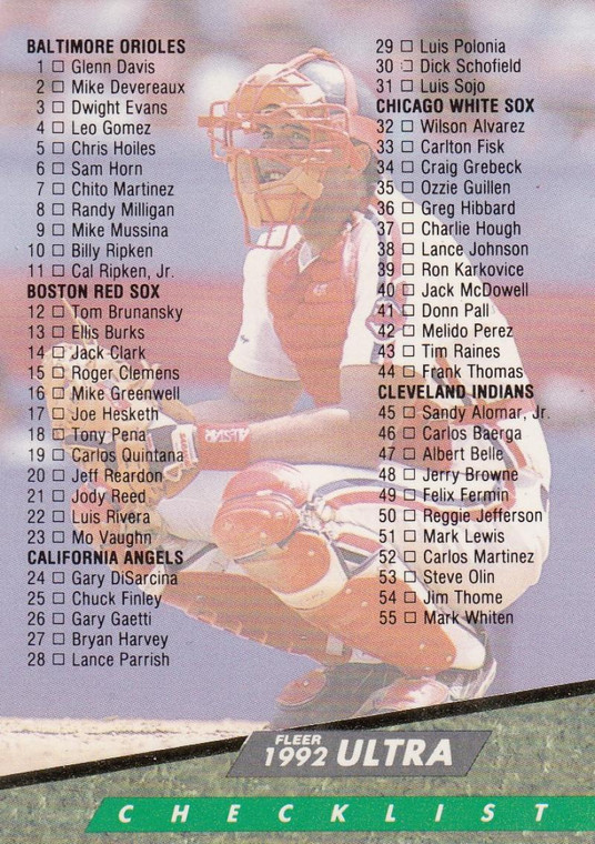 1992 Ultra #298 Checklist 1-100 Sandy Alomar Jr. VG Cleveland Indians 