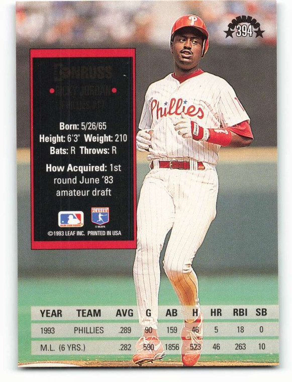 1994 Donruss #394 Ricky Jordan VG Philadelphia Phillies 
