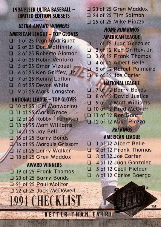 1994 Ultra #300 Checklist 226-300 VG Detroit Tigers 