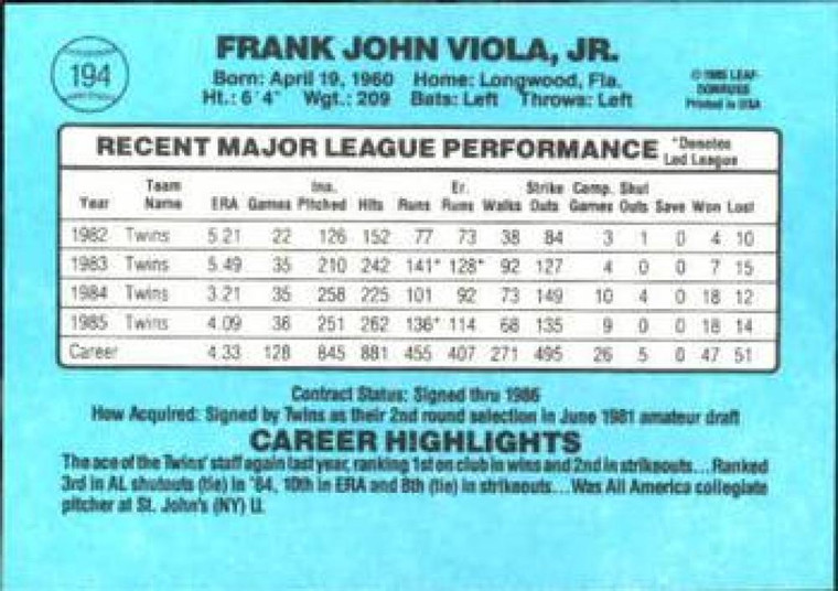 1986 Donruss #194 Frank Viola NM-MT Minnesota Twins 