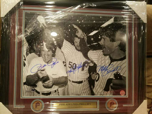 Steve Carlton, Mike Schmidt and Pete Rose Autographed Framed 16 x